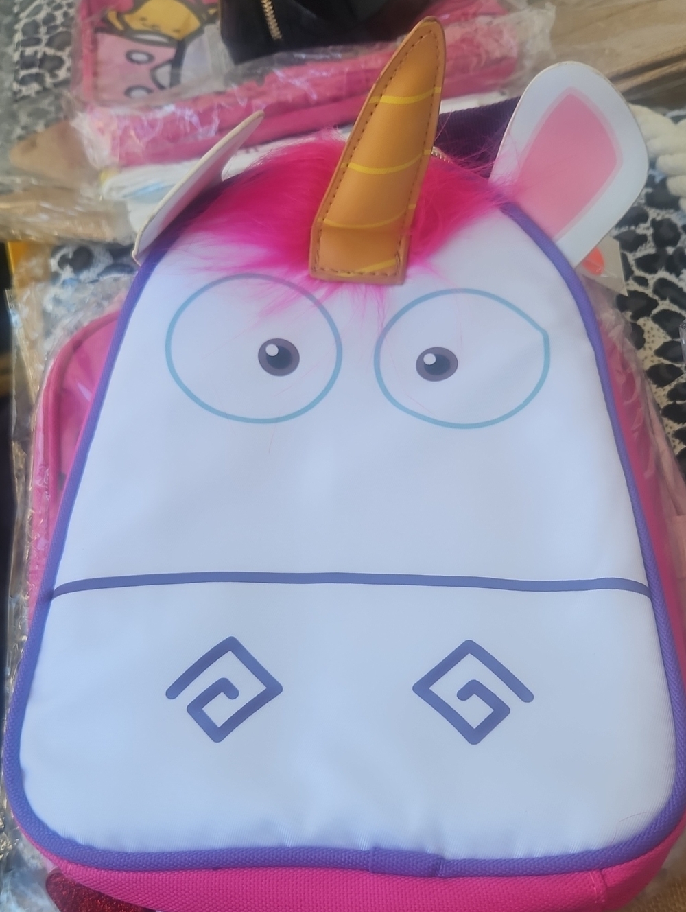 Kids Unicorn Lunch BAG Fluffy Big Face - Pink & Purple with Gold Horn